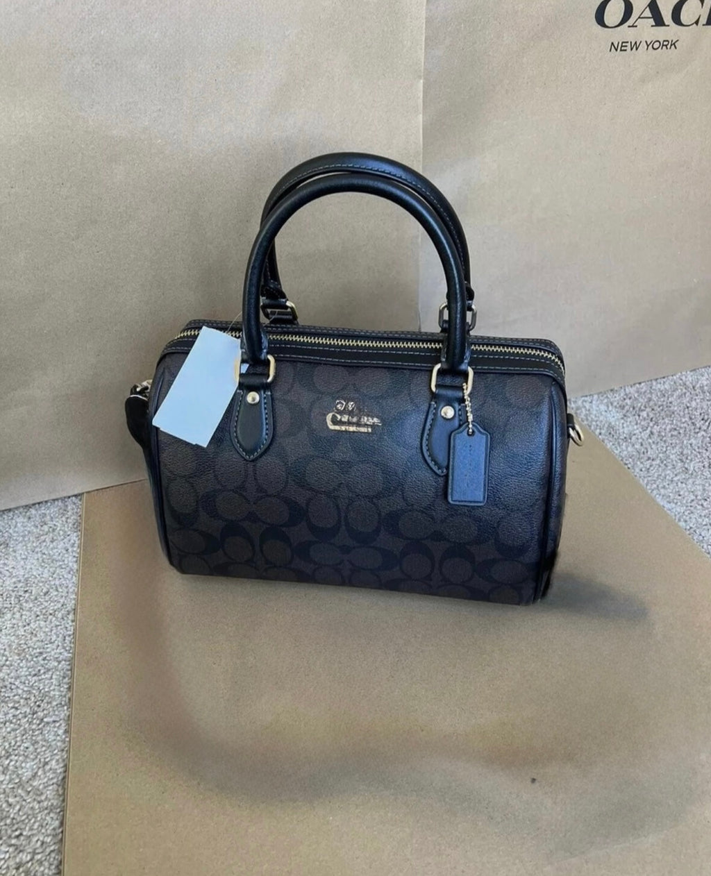 Black Monogram Barrel Satchel Bag – Structured Top Handle Purse with Crossbody Strap