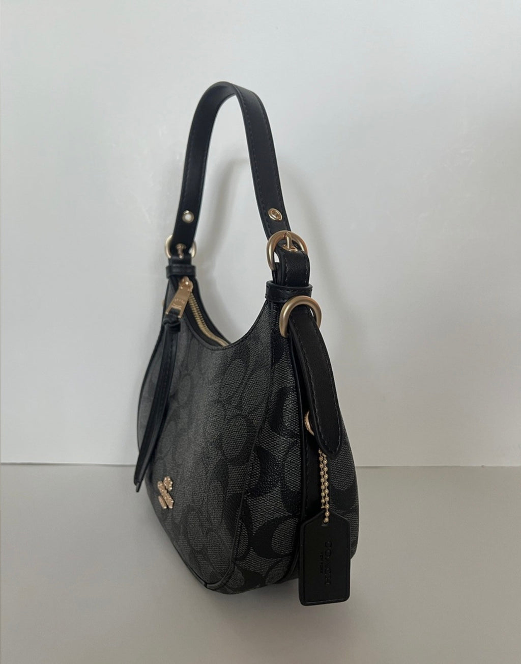 Black Monogram Mini Shoulder Bag – Designer Style Hobo Purse with Crossbody Strap
