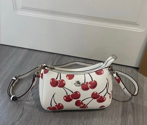 Cherry Print Mini Shoulder Bag – Y2K Baguette Purse with Adjustable Crossbody Strap