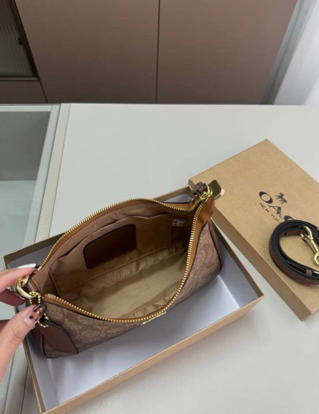 Brown Monogram Mini Shoulder Bag – Y2K Baguette Purse with Gold Chain