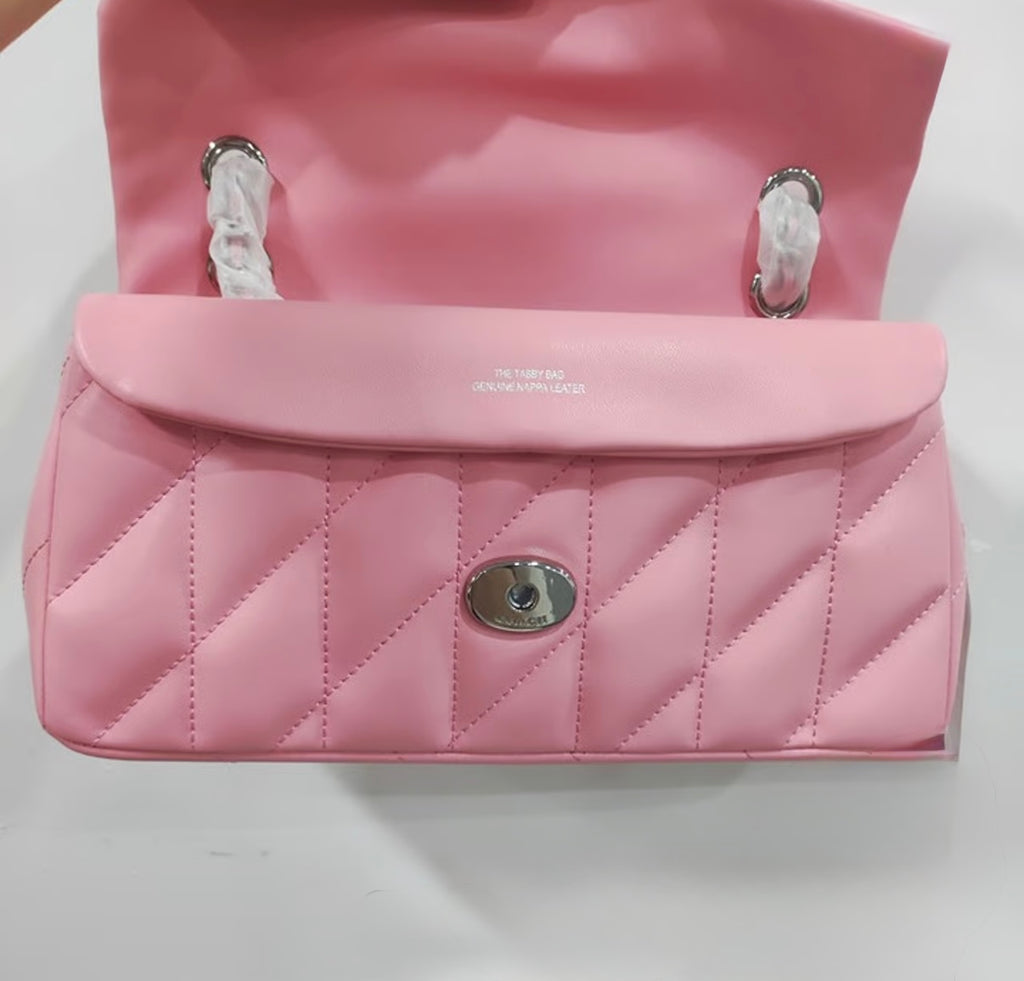 Pink Quilted Flap Shoulder Bag – Trendy Mini Padded Crossbody Purse with Statement Clasp