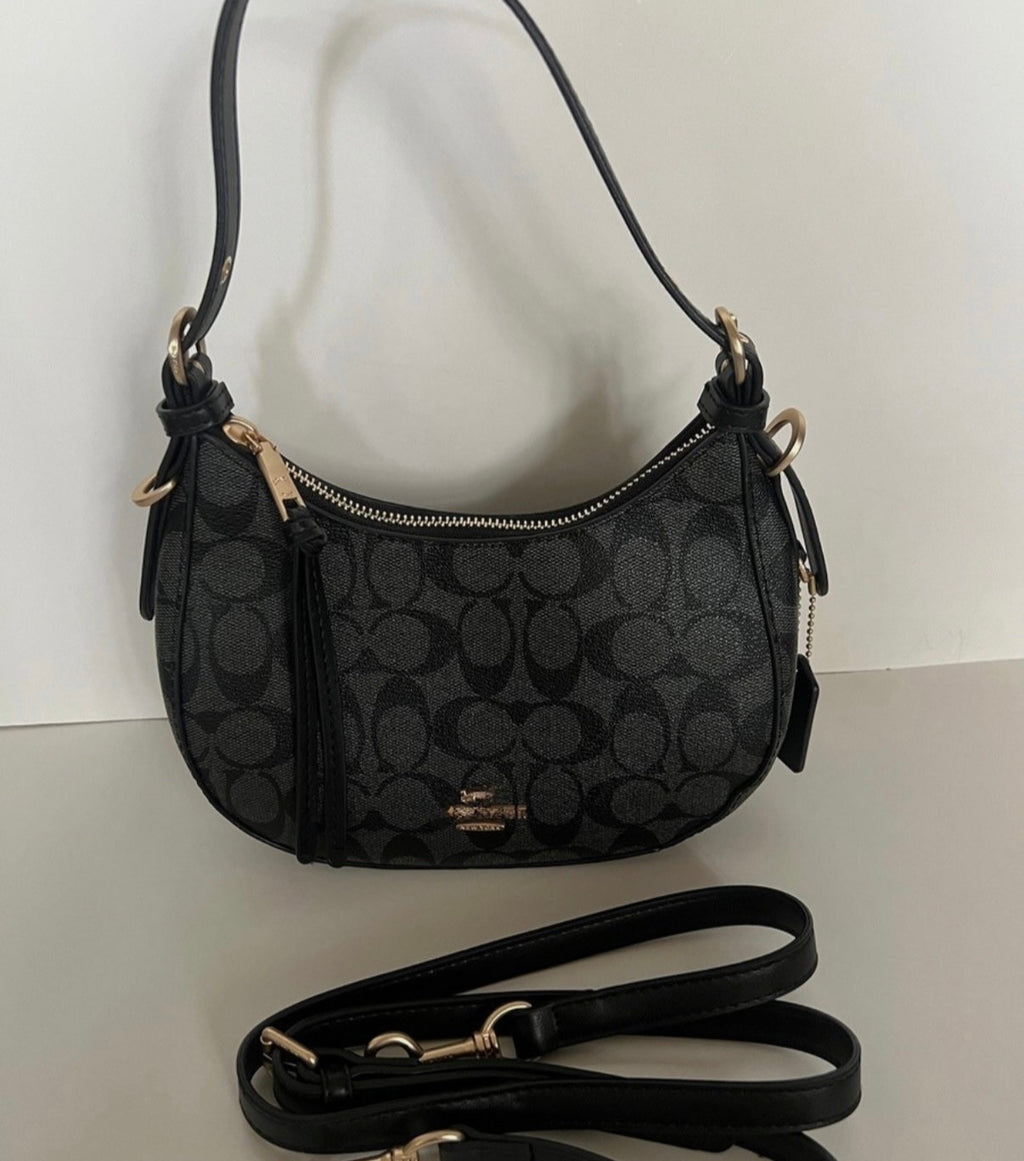 Black Monogram Mini Shoulder Bag – Designer Style Hobo Purse with Crossbody Strap
