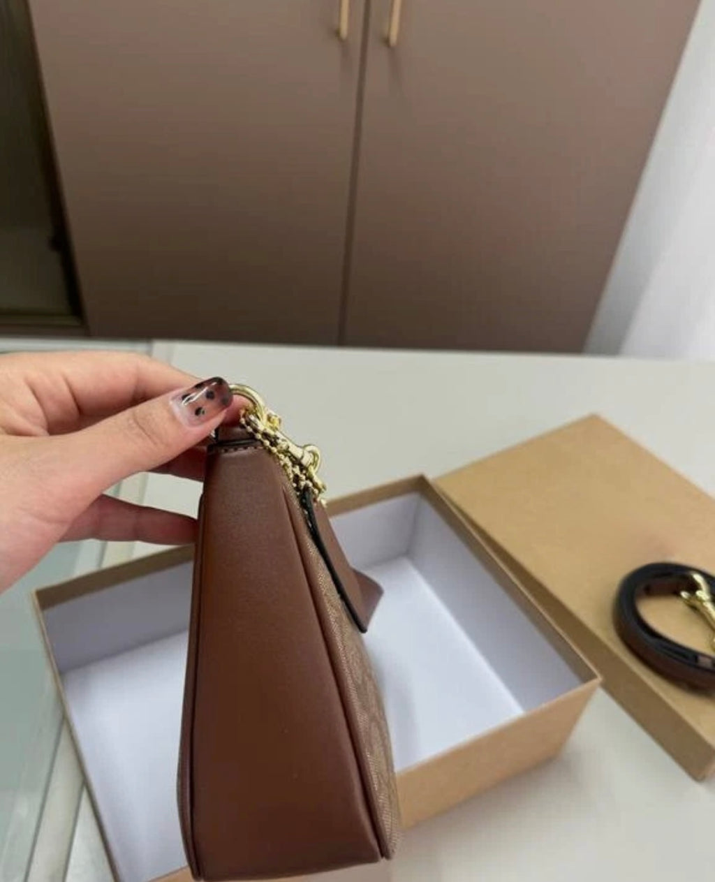 Brown Monogram Mini Shoulder Bag – Y2K Baguette Purse with Gold Chain