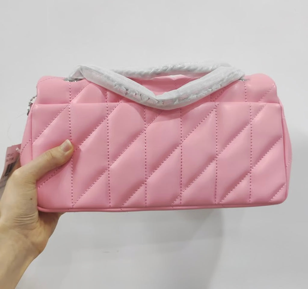 Pink Quilted Flap Shoulder Bag – Trendy Mini Padded Crossbody Purse with Statement Clasp