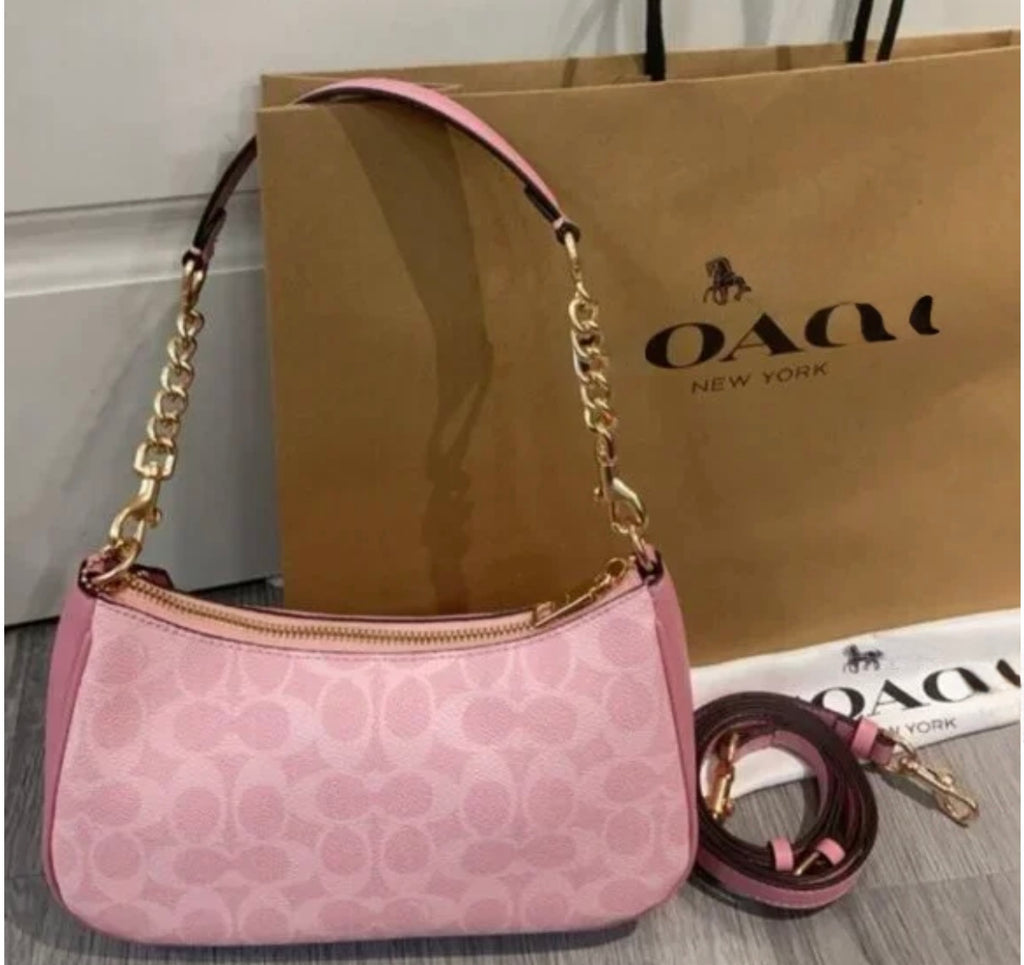 Pink Monogram Mini Shoulder Bag – Y2K Baguette Purse with Gold Chain Strap & Crossbody Option