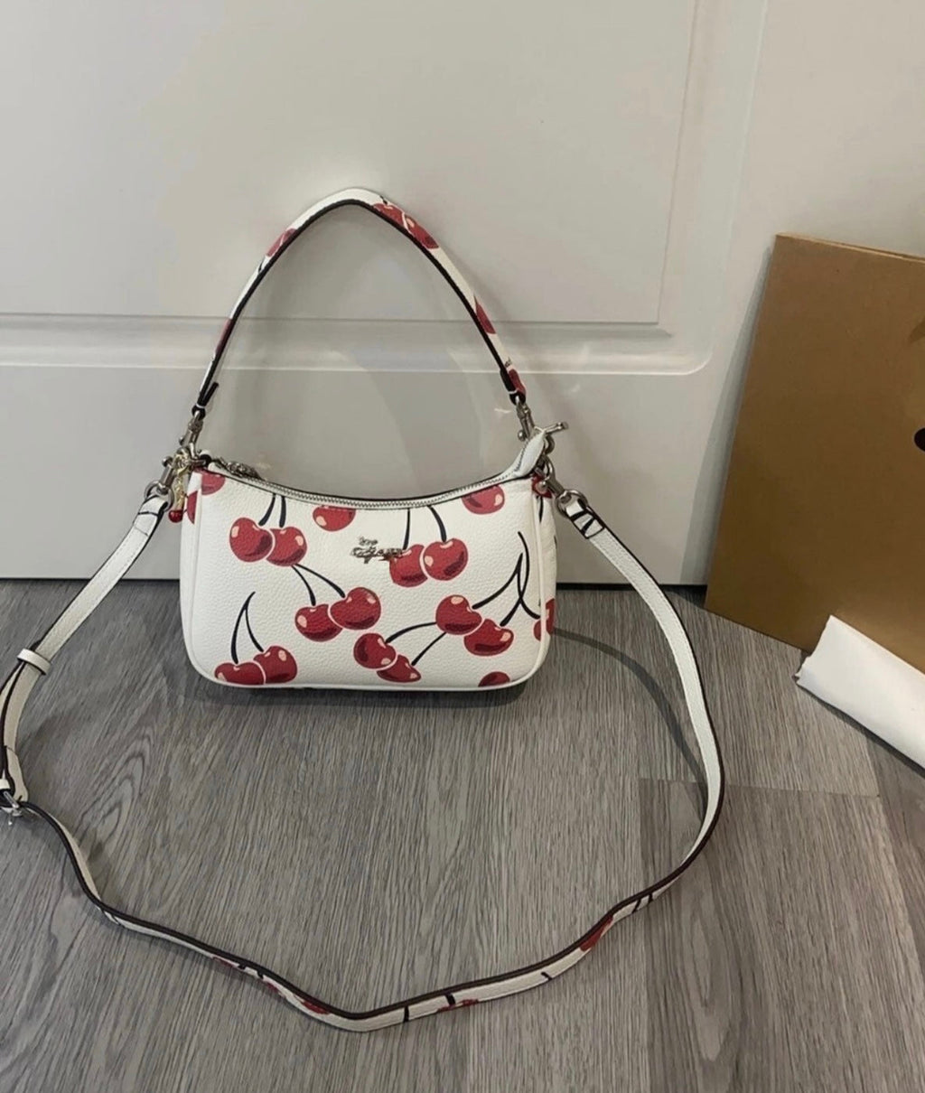 Cherry Print Mini Shoulder Bag – Y2K Baguette Purse with Adjustable Crossbody Strap