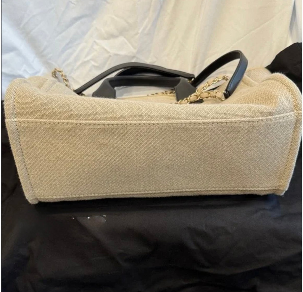 Luxury Beige Canvas Tote Bag with Chain Strap – Designer Inspired 31 Rue Cambon Paris Shoulder Handbag
