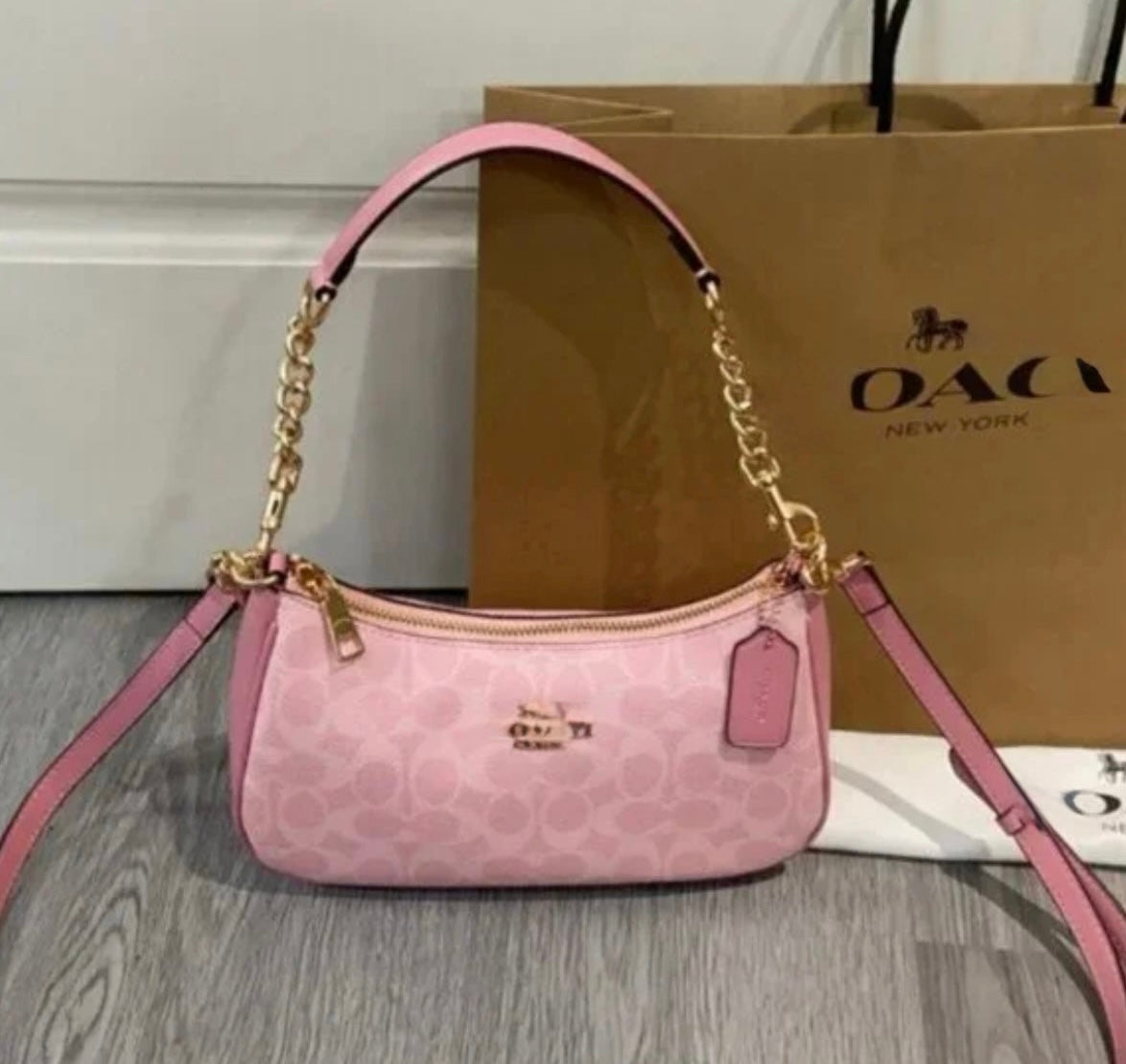 Pink Monogram Mini Shoulder Bag – Y2K Baguette Purse with Gold Chain Strap & Crossbody Option