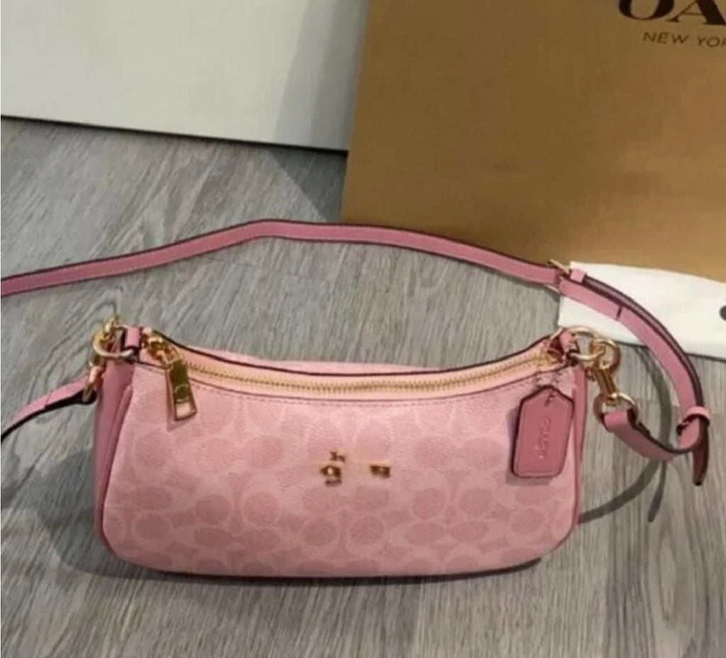 Pink Monogram Mini Shoulder Bag – Y2K Baguette Purse with Gold Chain Strap & Crossbody Option