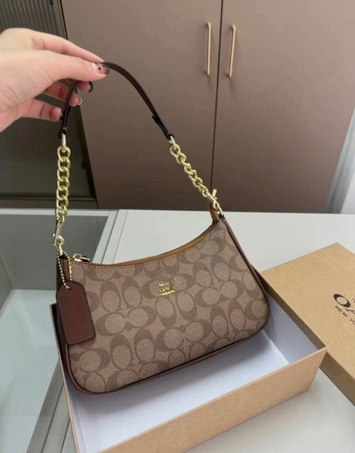 Brown Monogram Mini Shoulder Bag – Y2K Baguette Purse with Gold Chain