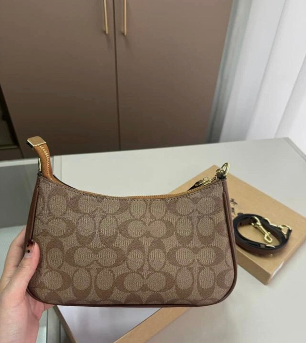 Brown Monogram Mini Shoulder Bag – Y2K Baguette Purse with Gold Chain