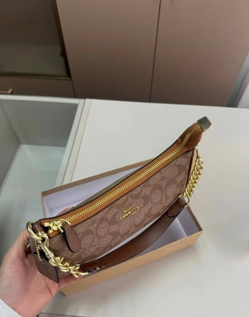 Brown Monogram Mini Shoulder Bag – Y2K Baguette Purse with Gold Chain