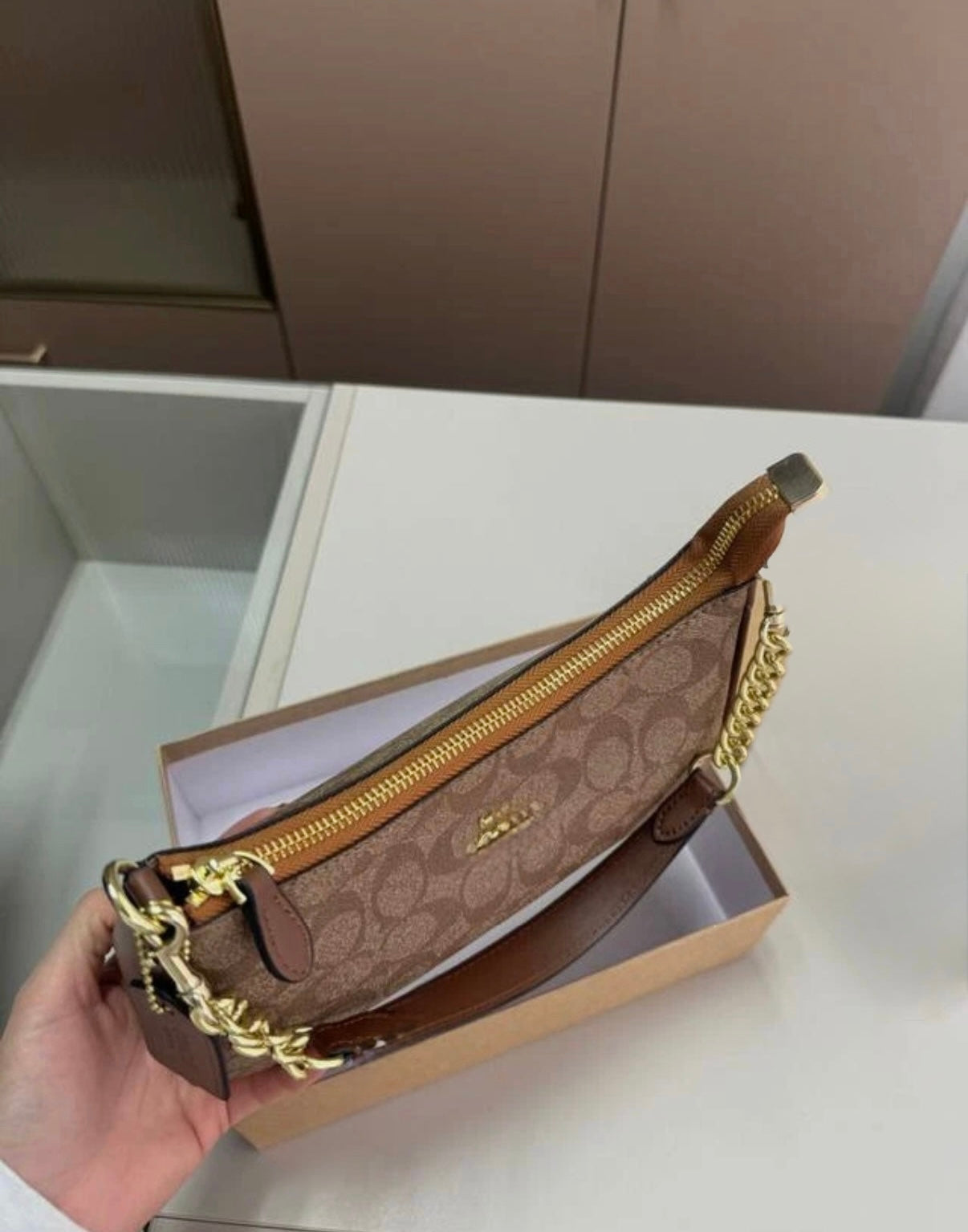 Brown Monogram Mini Shoulder Bag – Y2K Baguette Purse with Gold Chain