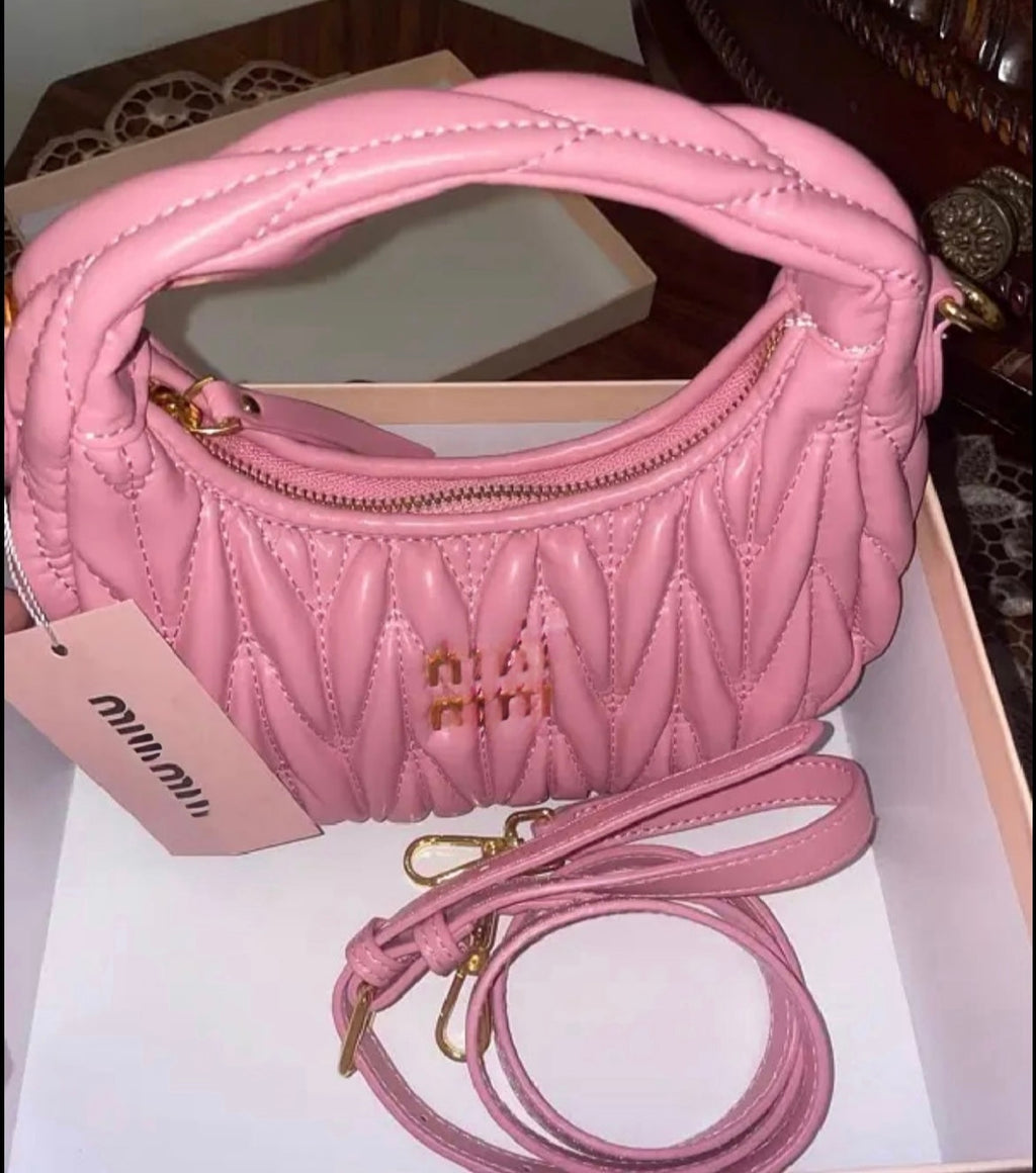 Pink Quilted Mini Top Handle Bag – Trendy Padded Shoulder Purse with Gold Hardware & Crossbody Strap