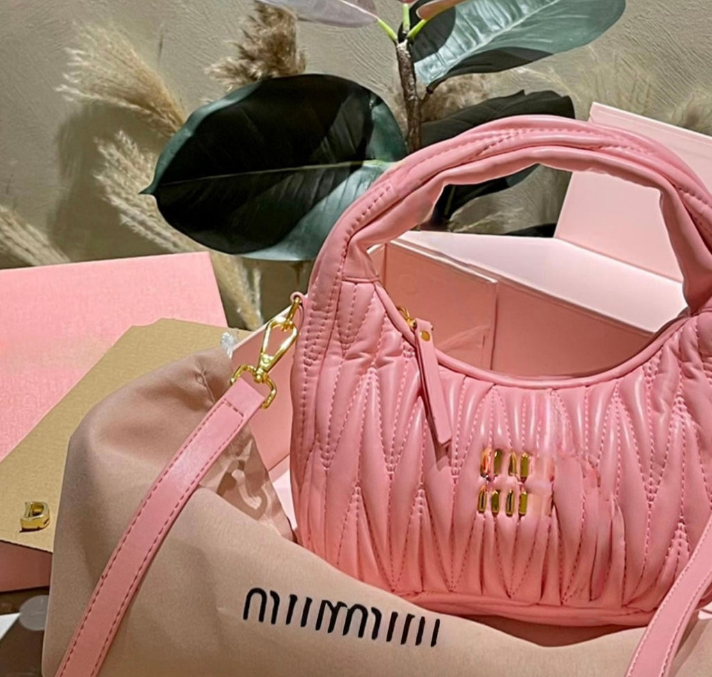Pink Quilted Mini Top Handle Bag – Trendy Padded Shoulder Purse with Gold Hardware & Crossbody Strap