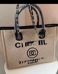 Luxury Beige Canvas Tote Bag with Chain Strap – Designer Inspired 31 Rue Cambon Paris Shoulder Handbag