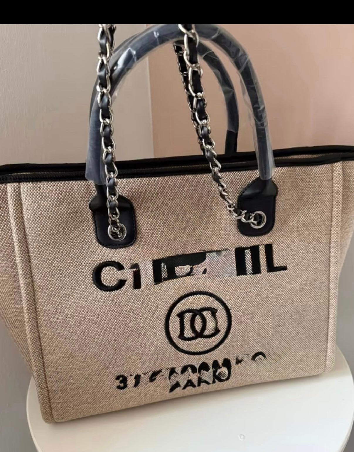 Luxury Beige Canvas Tote Bag with Chain Strap – Designer Inspired 31 Rue Cambon Paris Shoulder Handbag