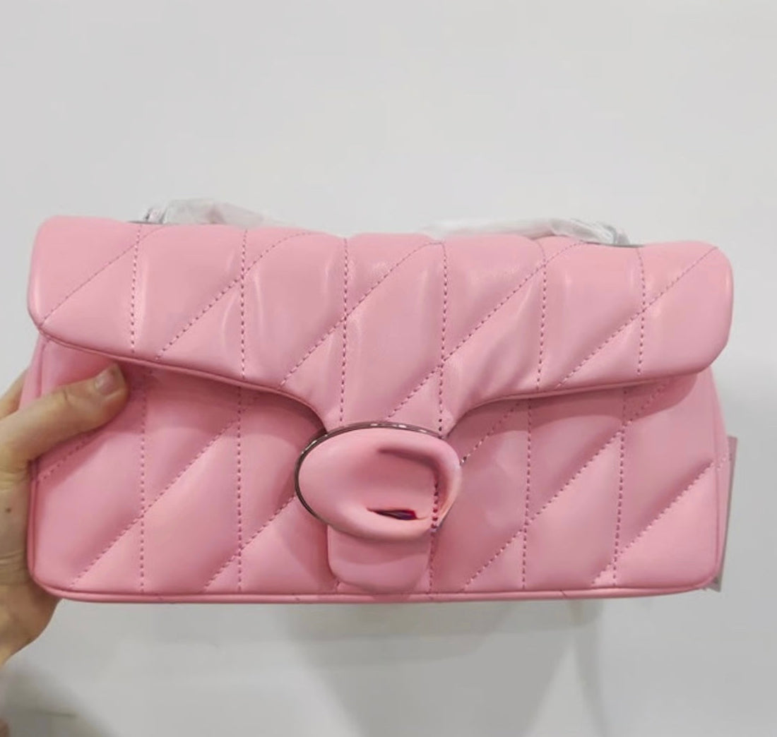Pink Quilted Flap Shoulder Bag – Trendy Mini Padded Crossbody Purse with Statement Clasp
